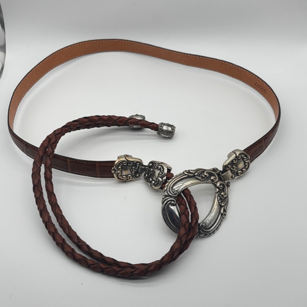 VTG Brighton Womens Bolo Tie Hip Belt 1995 M/L Brown Leather Western Boho Gypsy